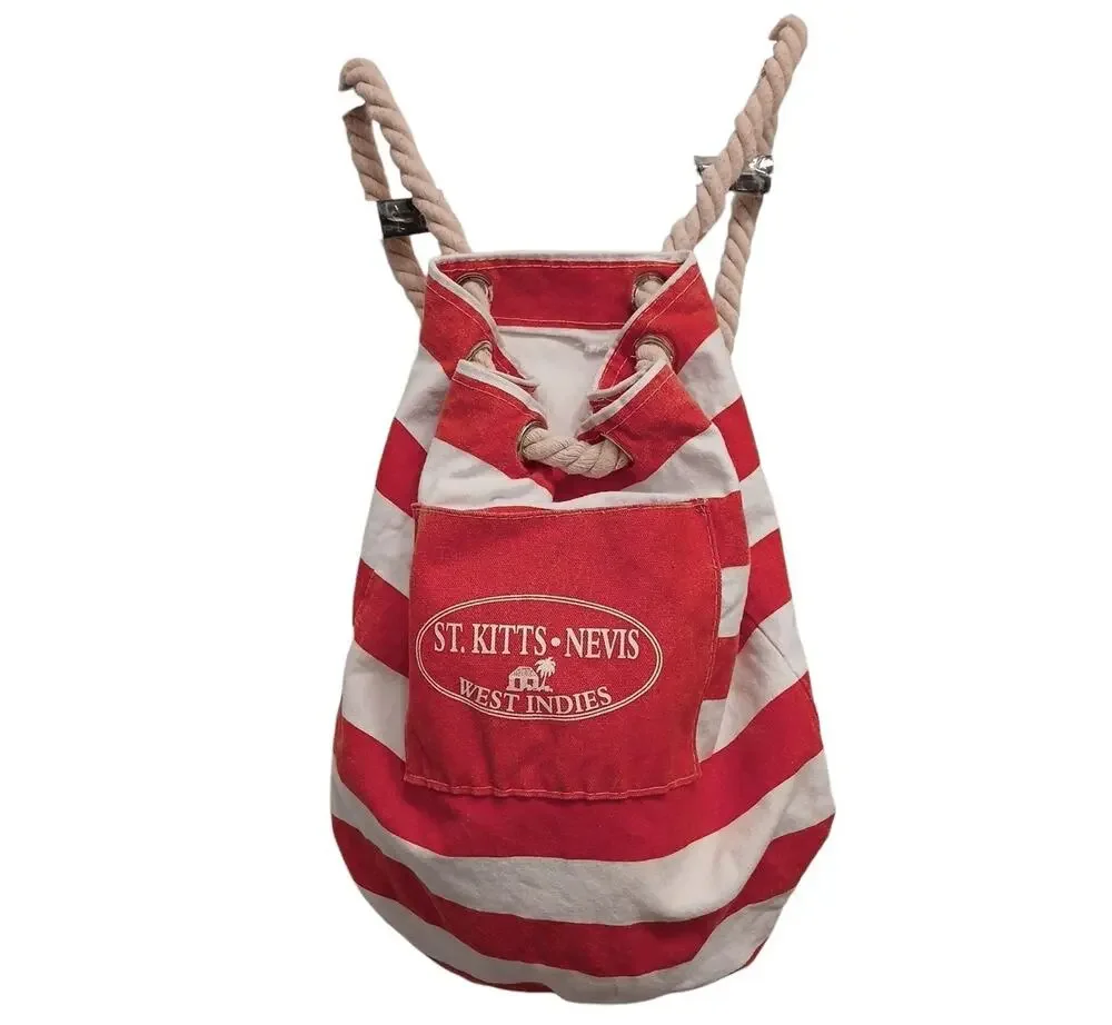 Vintage Nautical Beach Bag Backpack Red White Rope Striped Trave Boho Distress
